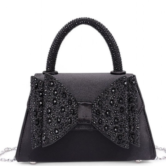 Vegan Leather Rhinestone Bow Top Handle Bag - Gold, Black, and Silver - Picture 2 of 8